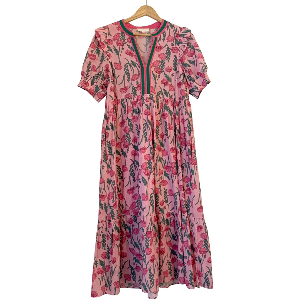Entro Poppy Floral Midi Dress M Cottagecore Ruffle Tiered Preppy Cotton Pink - Picture 2 of 12